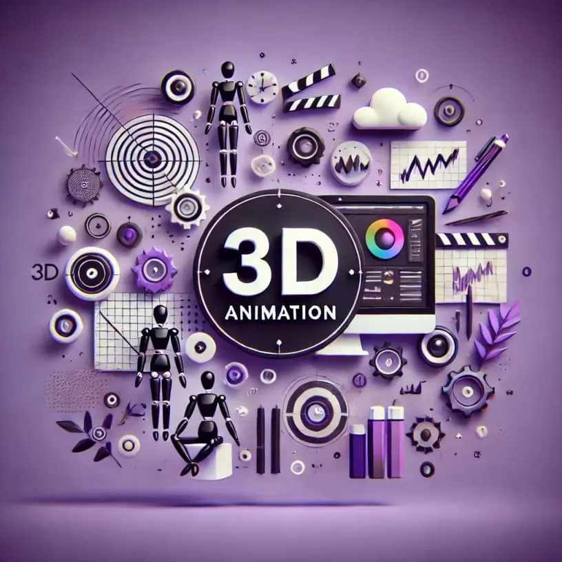 Dynamic 3D animation by Jeffrey Dulaney with characters, animation tools, and design software in purple, black, and white theme.