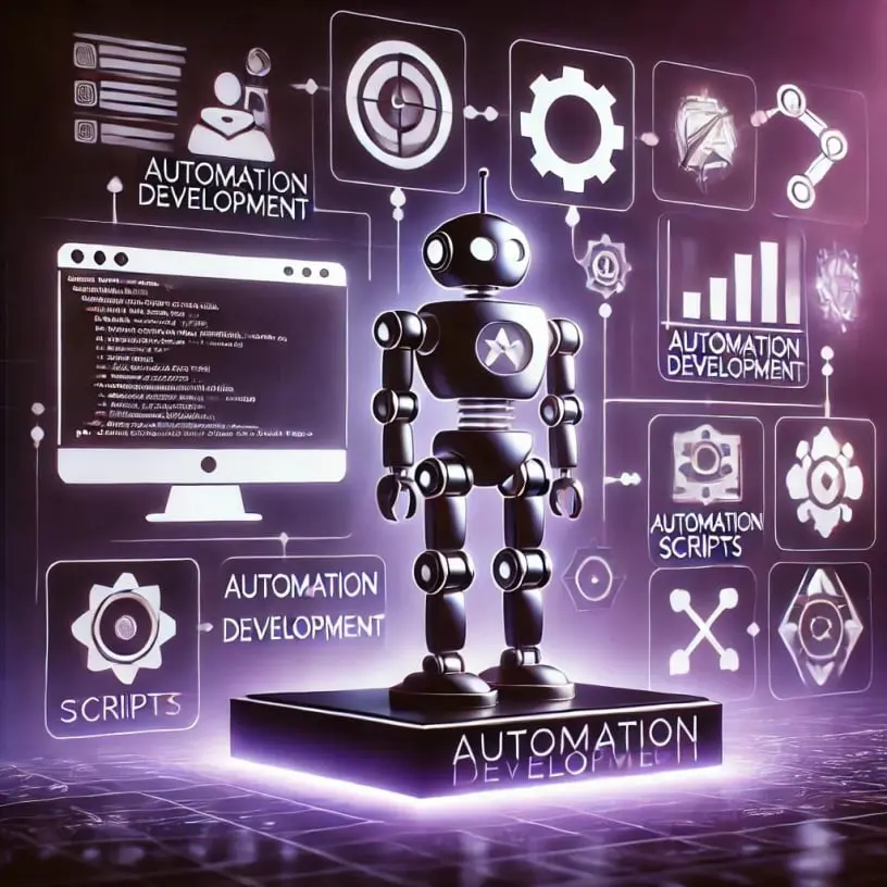 Futuristic automation development by Jeffrey Dulaney with robots, scripts, and workflow diagrams in purple, black, and white theme.