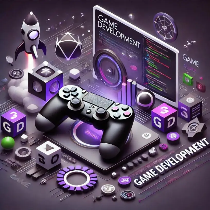 Exciting game development by Jeffrey Dulaney with controllers, 3D models, and code in purple, black, and white theme.