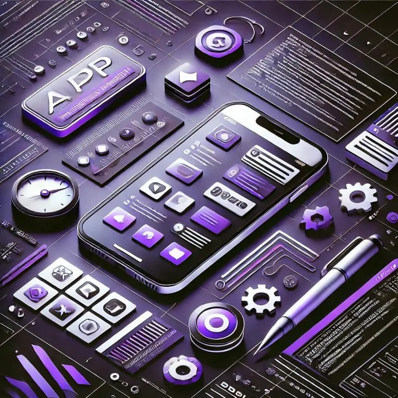 Creative mobile app development by Jeffrey Dulaney with smartphone interface designs and code in purple, black, and white theme.