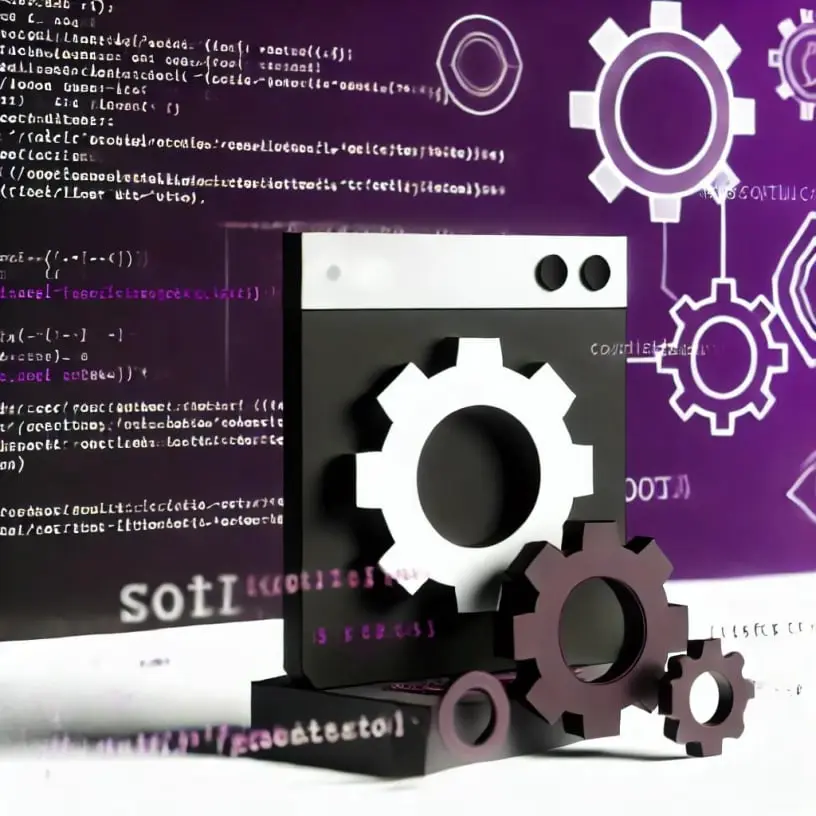 Innovative software development by Jeffrey Dulaney featuring code, gears, and architecture diagrams in purple, black, and white theme.